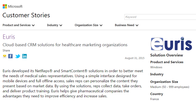 Euris and its software, NetReps® & Smart Content®, are featured in the Customer Stories of Microsoft